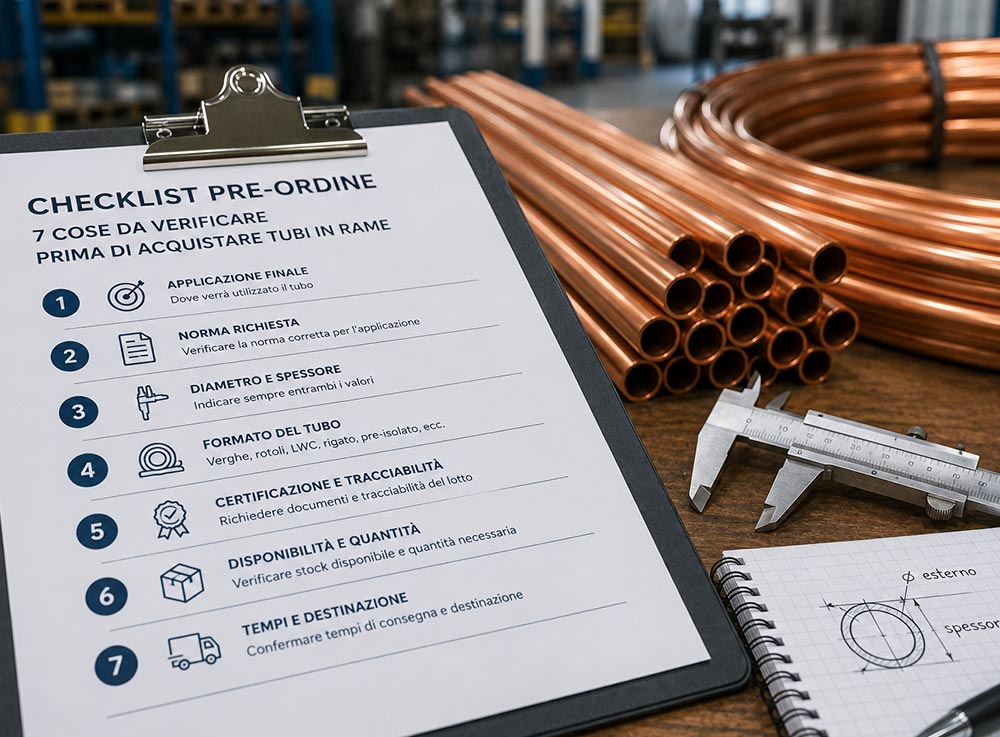 Checklist pre-ordine tubi in rame: 7 controlli su misura, spessore, norma, certificazione, tracciabilità, disponibilità e consegna.